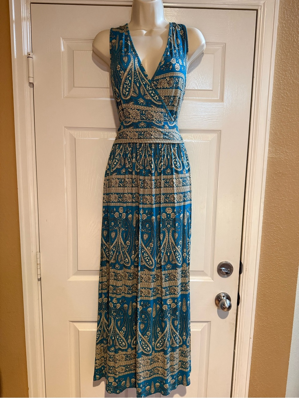 Cathy Teal Paisley Faux Wrap Maxi Dress Stretch Knit Rayon Blend Size medium